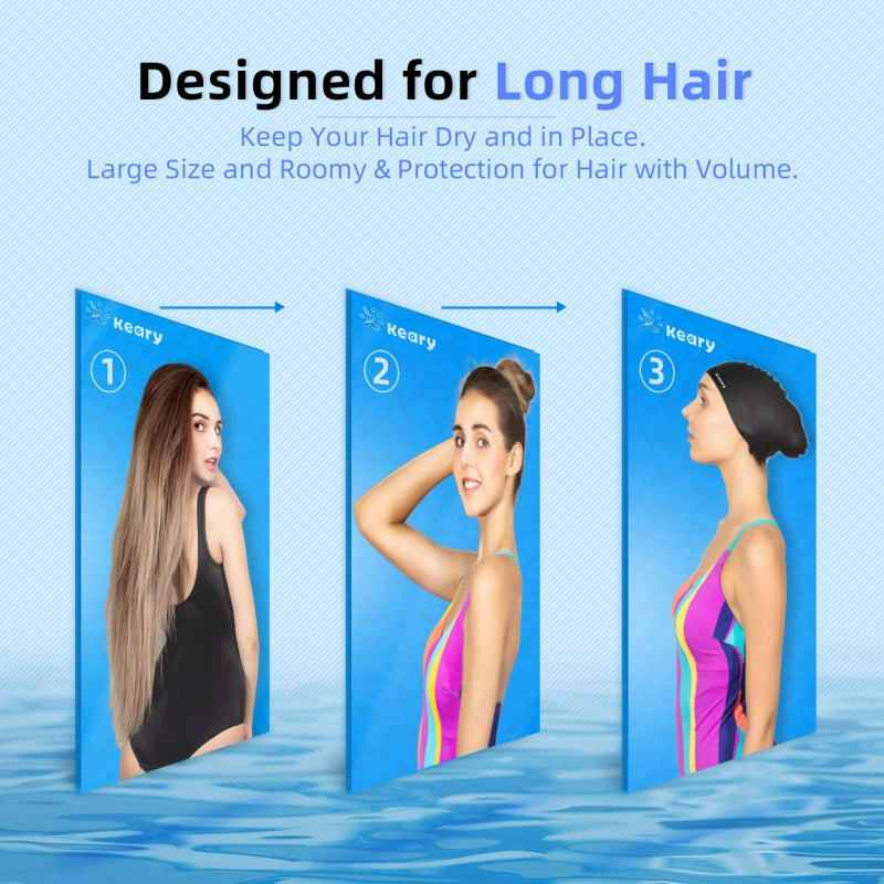 Keary 2 Pack Silicone Swim Cap For Long Hair Women Girl Men Waterproof Bathing Pool Swimming Cap Cover Ears To Keep Your Hair Dry  3D Soft Stretchable Durable And Anti-Slip  Easy To Put On And Off - Image 2