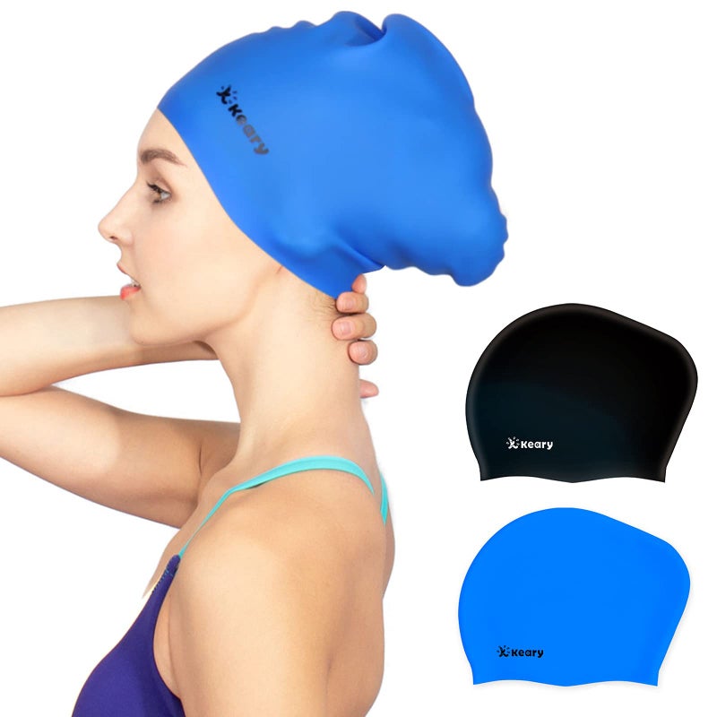 Keary 2 Pack Silicone Swim Cap For Long Hair Women Girl Men Waterproof Bathing Pool Swimming Cap Cover Ears To Keep Your Hair Dry  3D Soft Stretchable Durable And Anti-Slip  Easy To Put On And Off - Image 1