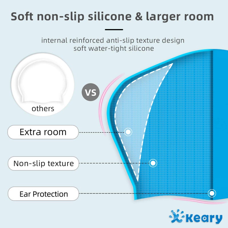 Keary 2 Pack Silicone Swim Cap For Long Hair Women Girl Men Waterproof Bathing Pool Swimming Cap Cover Ears To Keep Your Hair Dry  3D Soft Stretchable Durable And Anti-Slip  Easy To Put On And Off - Image 4