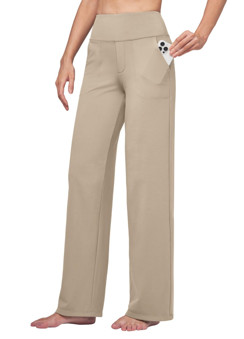 Willit Women's Yoga Pants Wide Leg Dress Work Pants Stretch Casual Pants Slacks with Pockets High Waist 30" Khaki XL - Image 1