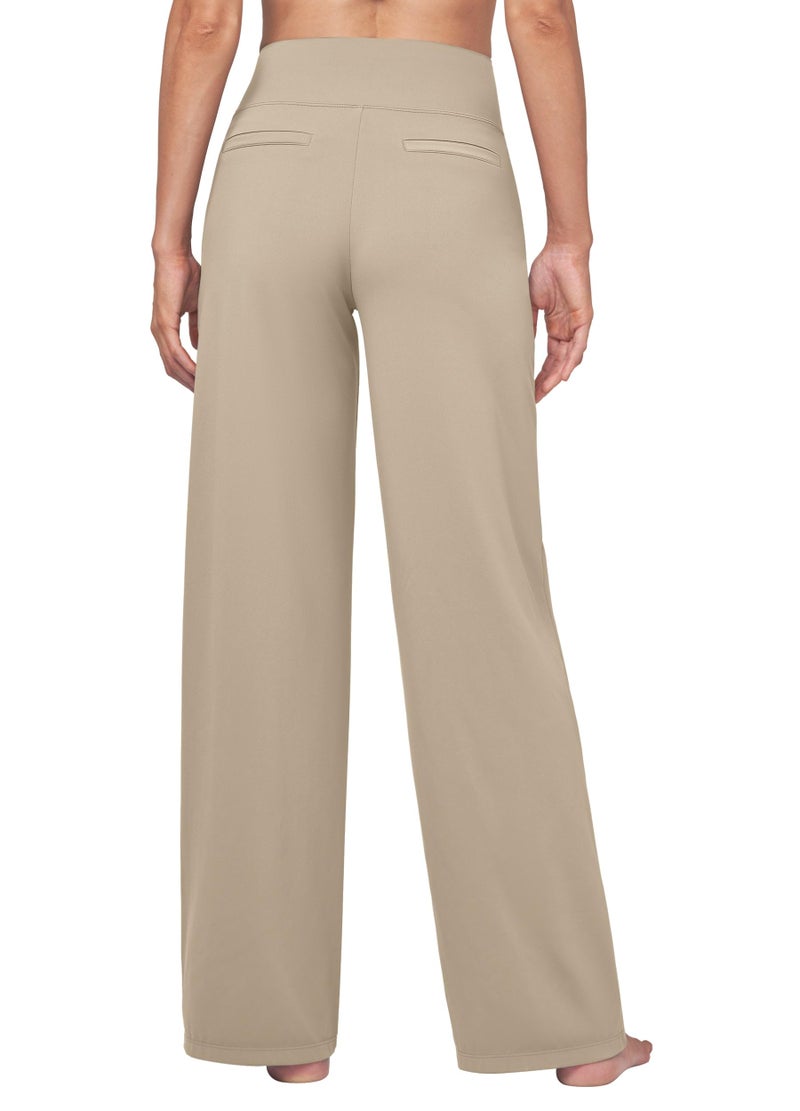 Willit Women's Yoga Pants Wide Leg Dress Work Pants Stretch Casual Pants Slacks with Pockets High Waist 30" Khaki XL - Image 3