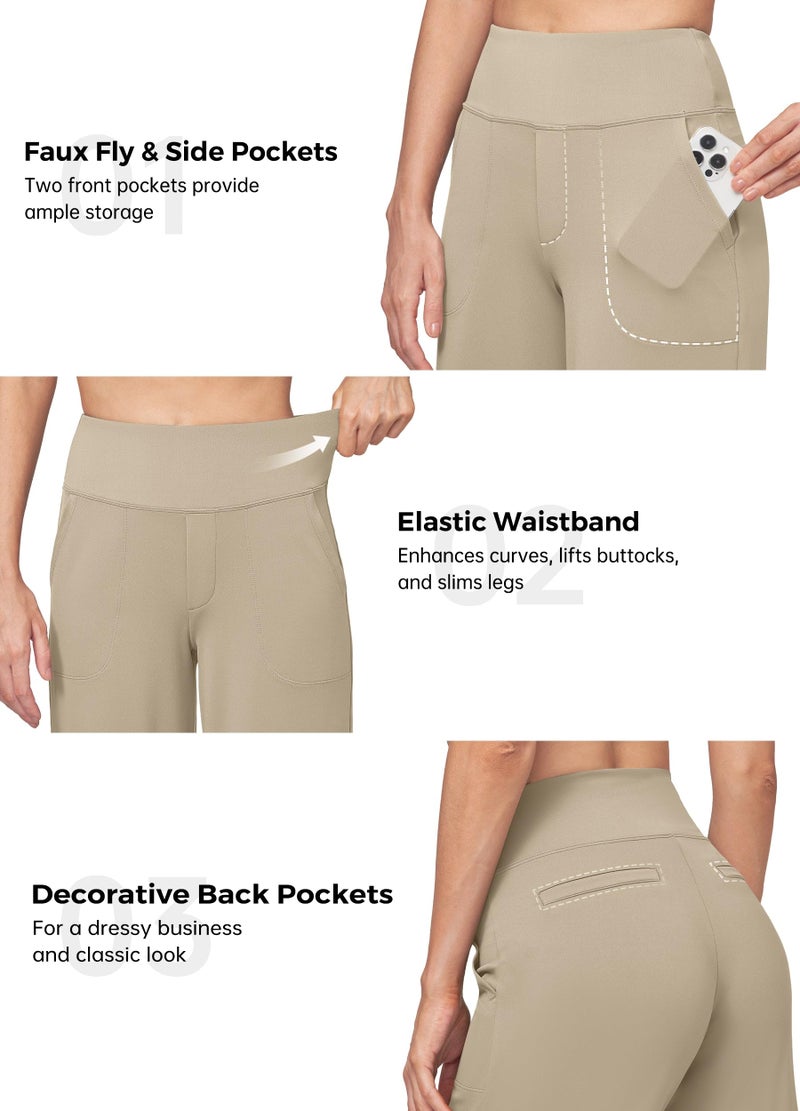 Willit Women's Yoga Pants Wide Leg Dress Work Pants Stretch Casual Pants Slacks with Pockets High Waist 30" Khaki XL - Image 5