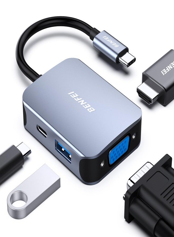 بنفي موزع USB-C متعدد المنافذ 4 في 1 من بنفاي، مزود بمنفذ HDMI بدقة 4K/ منفذ VGA بدقة 1080P/ منفذ بيانات USB 3.0 بسرعة 5 جيجابت في الثانية/ منفذ طاقة من النوع C بقدرة 60 واط، متوافق مع iPhone 15 Pro/Max وMacBook Pro/Air 2023 وiPad Pro وiMac S23 وXPS17، لون رمادي - Image 1