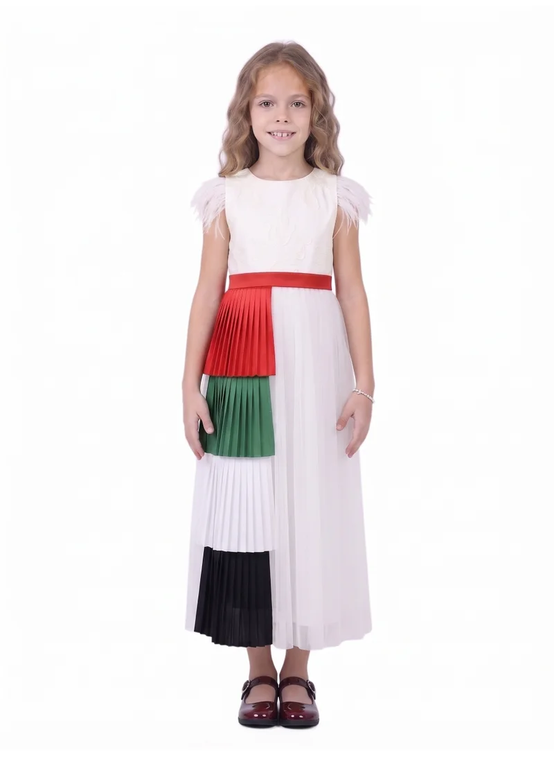 Bidani Girls 2-in-1 UAE National Day Feather-Trim Lace Dress with Detachable Pleated Flag Skirt Panel