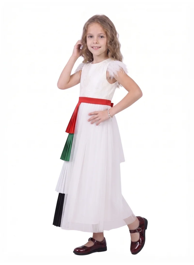 Bidani Girls 2-in-1 UAE National Day Feather-Trim Lace Dress with Detachable Pleated Flag Skirt Panel