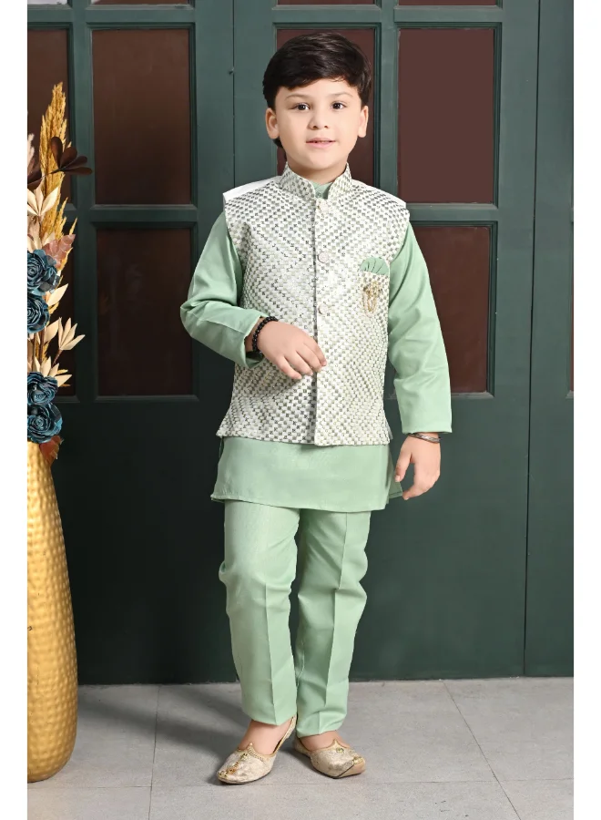 BT DEZINES Boys Green Kurta Pyjama Waistcoat Set