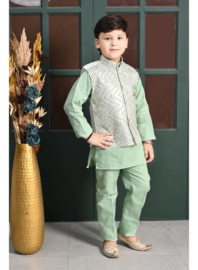 BT DEZINES Boys Green Kurta Pyjama Waistcoat Set