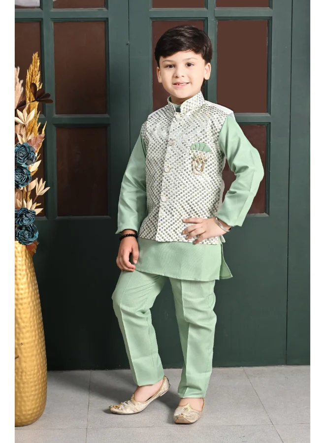 BT DEZINES Boys Green Kurta Pyjama Waistcoat Set