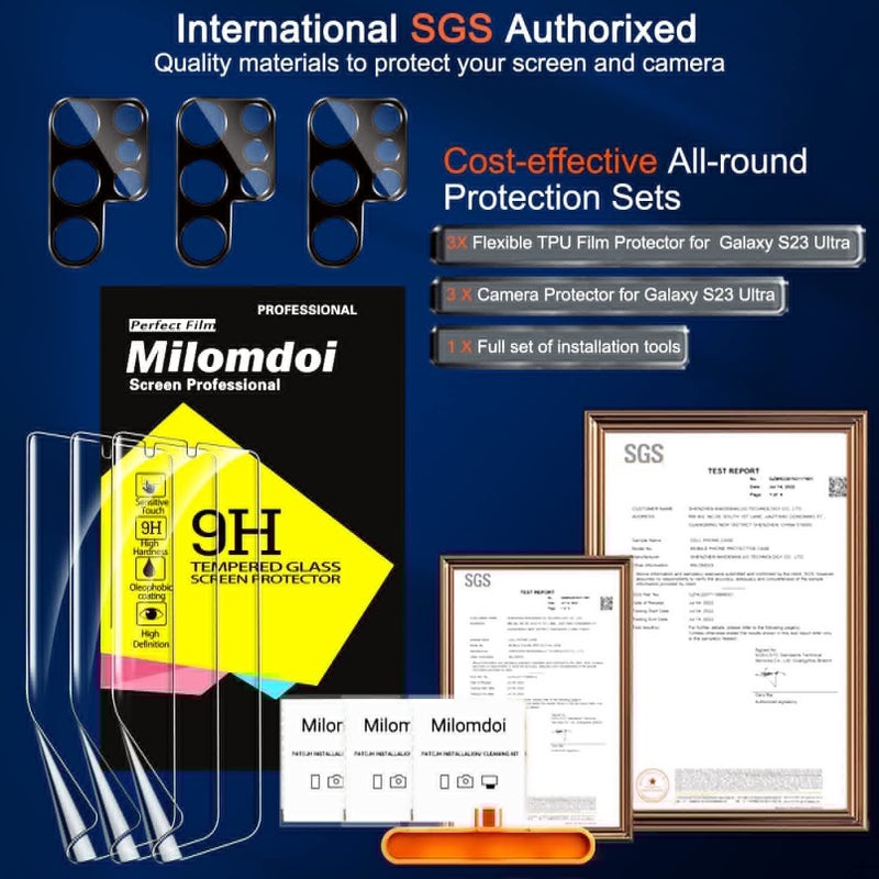 Milomdoi [3+3 Pack] for Samsung Galaxy S23 Ultra Screen Protector [Not Glass] Accessories 3 Pack TPU Film with 3 Pack Tempered Glass camera lens screen protector for Samsung S23 Ultra case friendly - Image 2