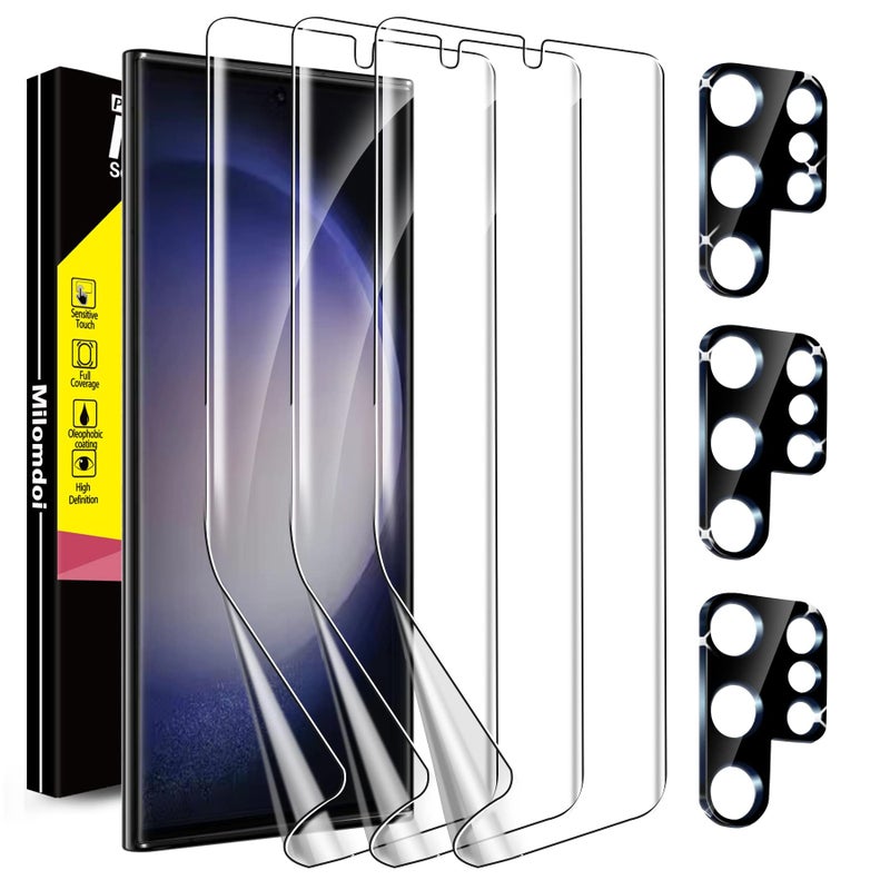 Milomdoi [3+3 Pack] for Samsung Galaxy S23 Ultra Screen Protector [Not Glass] Accessories 3 Pack TPU Film with 3 Pack Tempered Glass camera lens screen protector for Samsung S23 Ultra case friendly - Image 1
