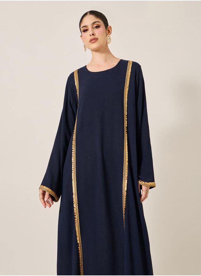 Styli - Satin Lace Detail Round Neck A-Line Jalabyia - Image 1