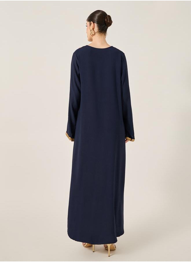 Styli - Satin Lace Detail Round Neck A-Line Jalabyia - Image 1