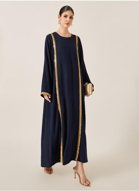 Satin Lace Detail Round Neck A-Line Jalabyia