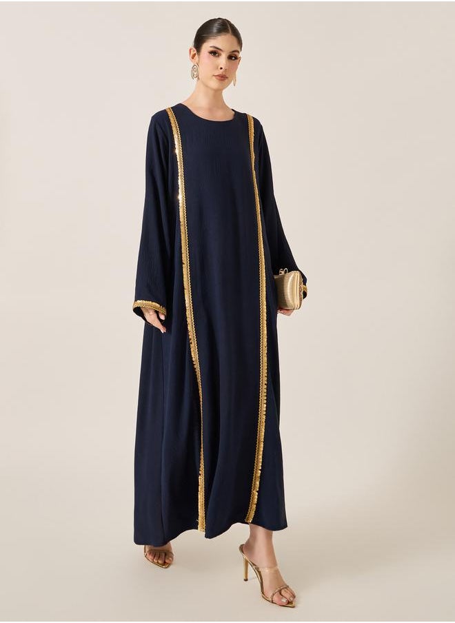 Styli - Satin Lace Detail Round Neck A-Line Jalabyia - Image 1