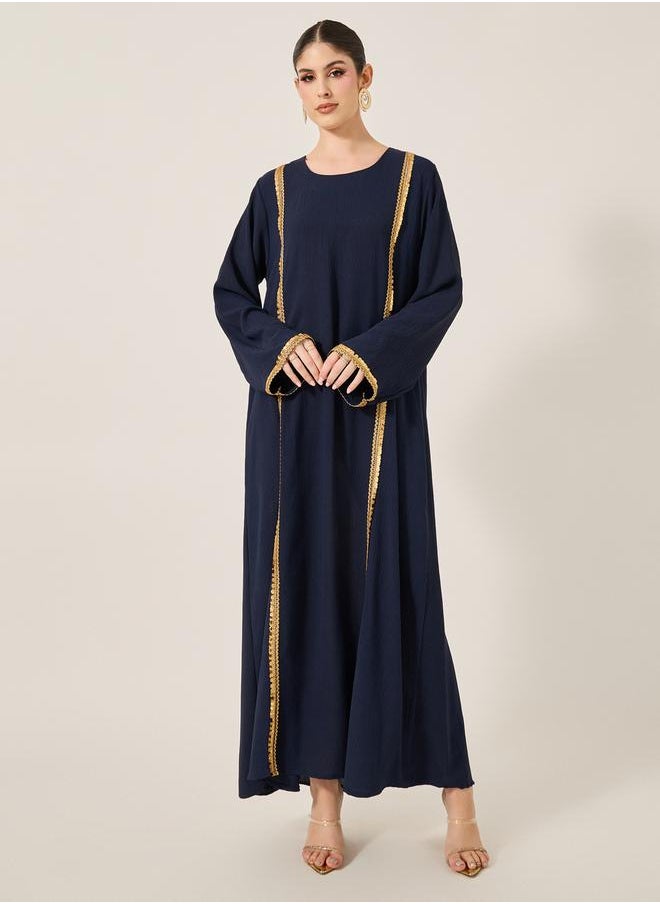 Styli - Satin Lace Detail Round Neck A-Line Jalabyia - Image 1