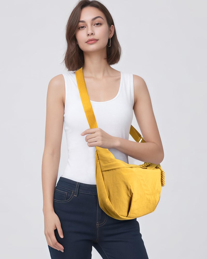 KOTORA Women's Nylon Hobo Crescent Crossbody Bag, Multi-Pocket Sling Bag, Half Moon Shoulder Purse (Yellow) - Image 2