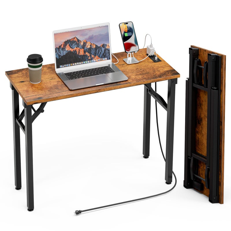 TEMI Small Computer Desk Folding Table - No Assembly, Compact 35.8" Foldable Desk with Power Outlets & USB Charging Port, Portable Small Office Desk, Ideal Mini Study Table for Narrow Spaces, Brown - Image 1