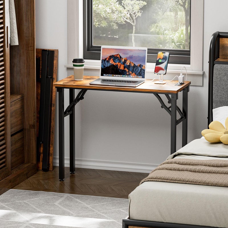 TEMI Small Computer Desk Folding Table - No Assembly, Compact 35.8" Foldable Desk with Power Outlets & USB Charging Port, Portable Small Office Desk, Ideal Mini Study Table for Narrow Spaces, Brown - Image 4