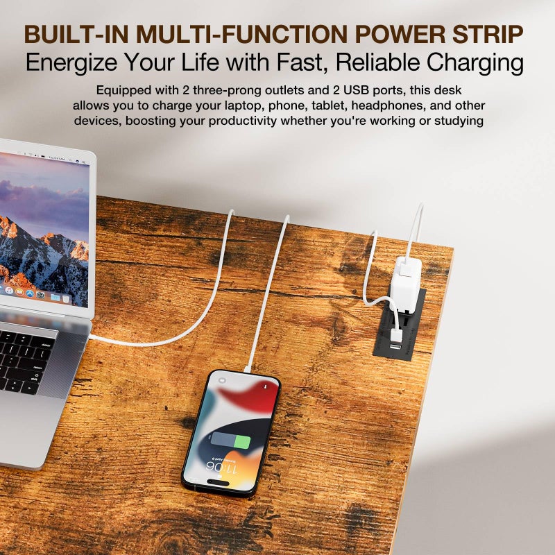TEMI Small Computer Desk Folding Table - No Assembly, Compact 35.8" Foldable Desk with Power Outlets & USB Charging Port, Portable Small Office Desk, Ideal Mini Study Table for Narrow Spaces, Brown - Image 5