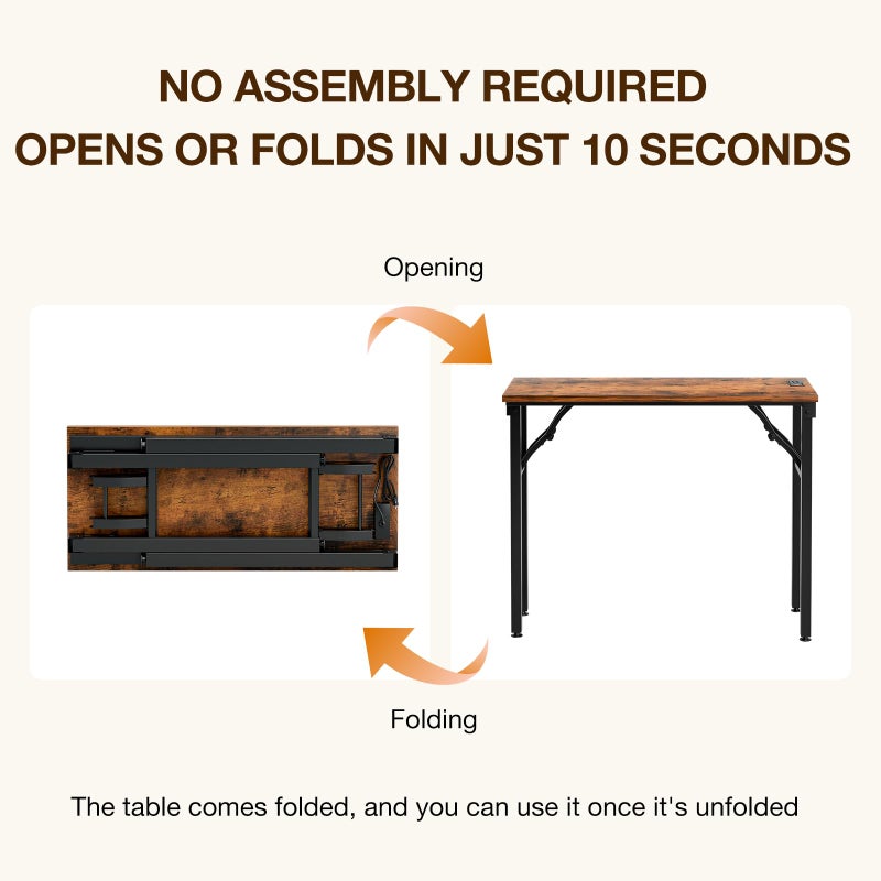 TEMI Small Computer Desk Folding Table - No Assembly, Compact 35.8" Foldable Desk with Power Outlets & USB Charging Port, Portable Small Office Desk, Ideal Mini Study Table for Narrow Spaces, Brown - Image 3
