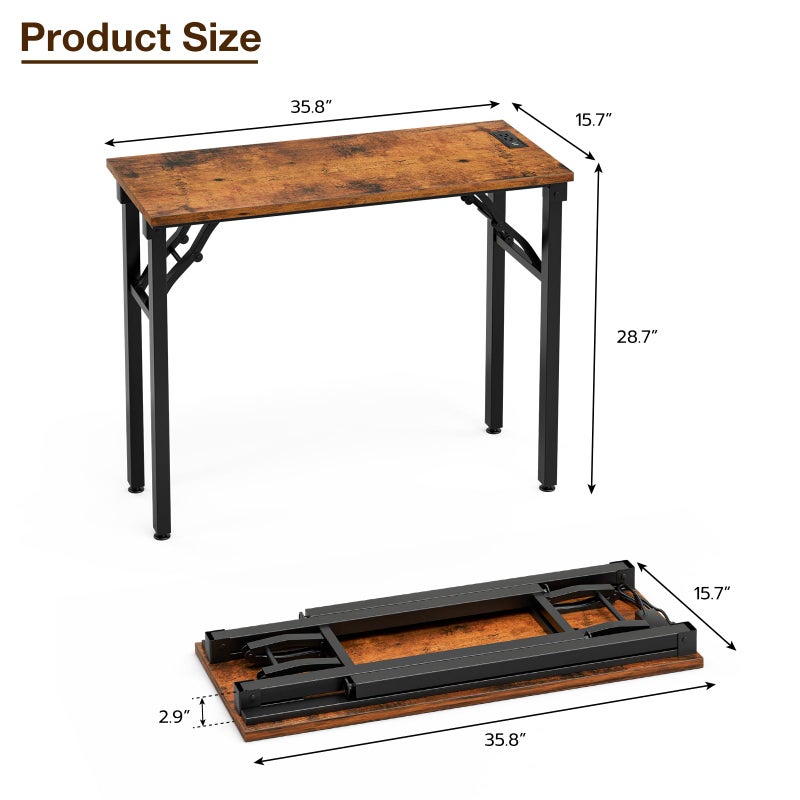 TEMI Small Computer Desk Folding Table - No Assembly, Compact 35.8" Foldable Desk with Power Outlets & USB Charging Port, Portable Small Office Desk, Ideal Mini Study Table for Narrow Spaces, Brown - Image 2