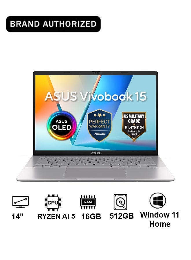 ASUS Vivobook 15 Laptop With 14-Inch Display,RYZEN AI 5/16GB/512GB PCIE G4 SSD/AMD UMA/Windows 11 Home Cool Silver - Image 1