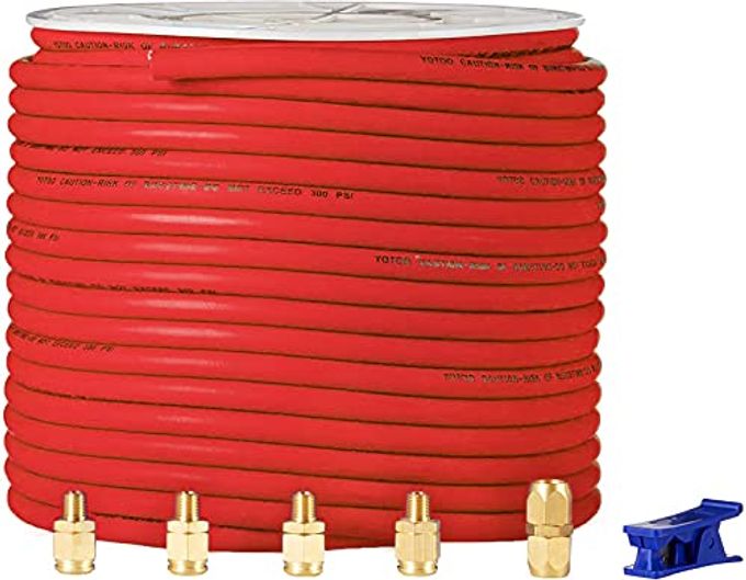 yotoo Hybrid Air Hose 3/8-Inch by 250-Feet 300 PSI Heavy Duty, Lightweight, Kink Resistant, All-Weather Flexibility with 5pcs Solid Brass Repair Fittings, Red - Image 1