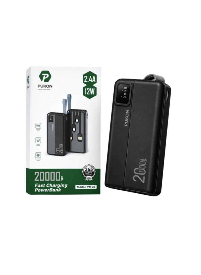 PUKON 20000mAh Power Bank With Built-In Lightning Type-C & Micro USB Cables Fast Charging Portable Battery Pack With LED Display & Carry Strap Black 1 Year Warranty - Image 3
