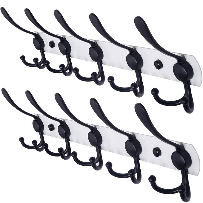 WALL MOUNTED COAT RACK 5 TRI HOOKS HEAVY DUTY STAINLESS STEEL METAL COAT HOOK RAIL FOR COAT HAT TOWEL PURSE ROBES MUDROOM BATHROOM ENTRYWAY WHITE BLACK 2 PACKS