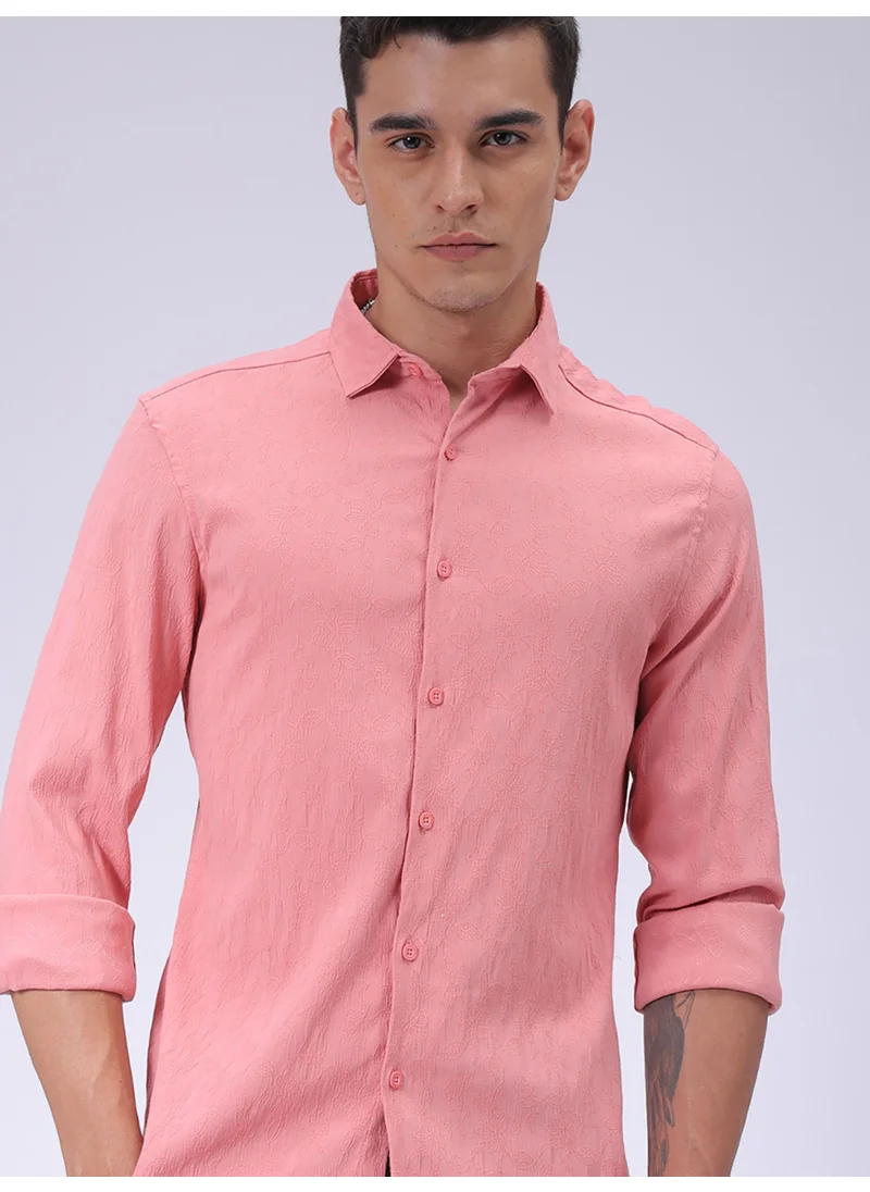 The Indian Garage Co Pink Slim Casual Plain Shirt