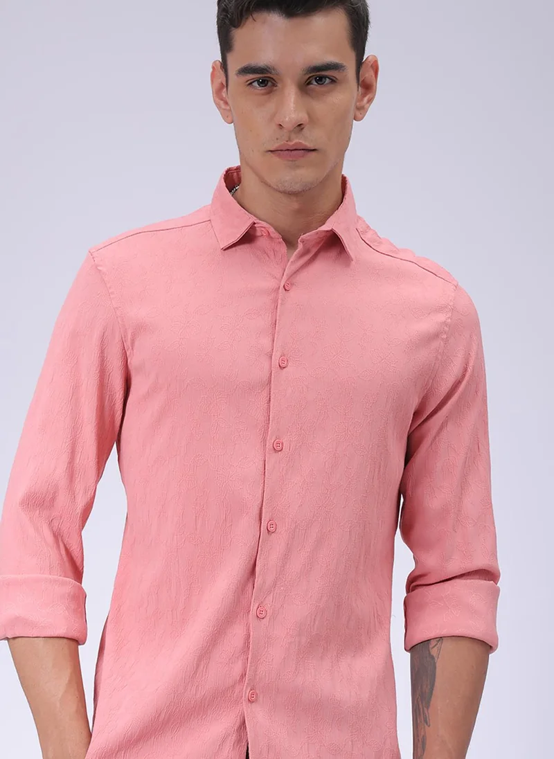 The Indian Garage Co Men Slim Fit Textured Floral Full Sleeves Cutaway Collar Resort Wear Shirt