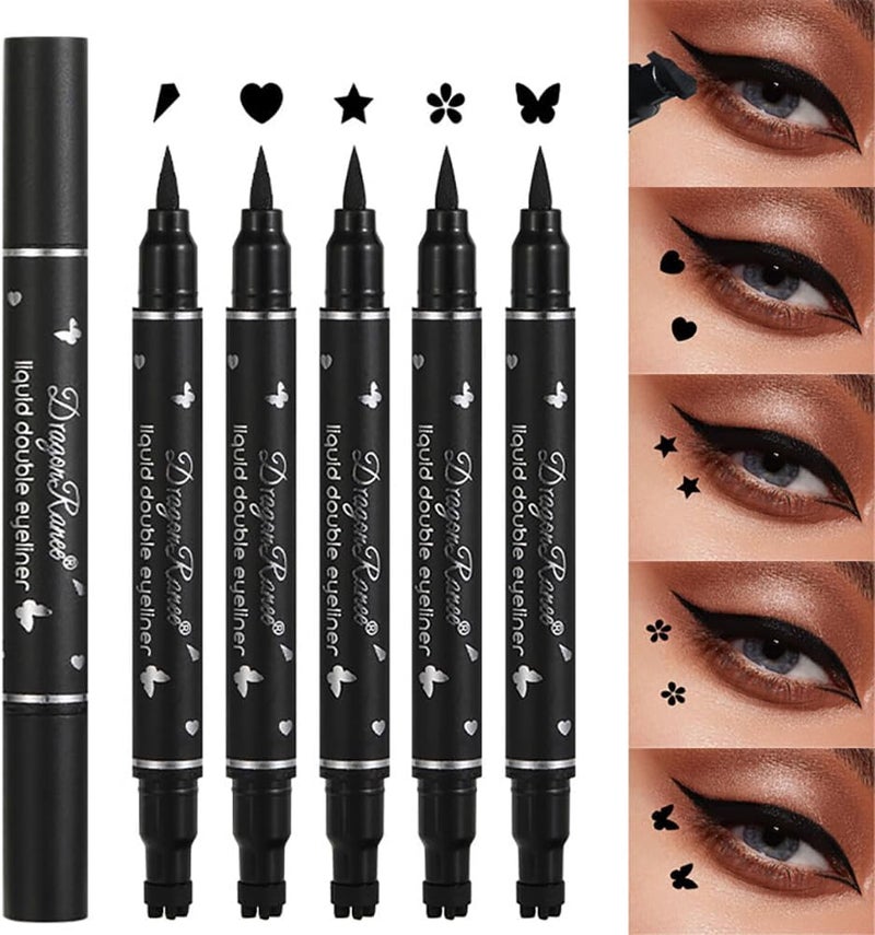 Dulele 5 PCS Black Liquid Eyeliner Stamp Pen Set DoubleHeaded Waterproof SmudgeProof Eyeliner Long Lasting Eyeliner Pen Tattoo Makeup ToolHeartFlowerStarButterflyTriangle Seal Stamp
