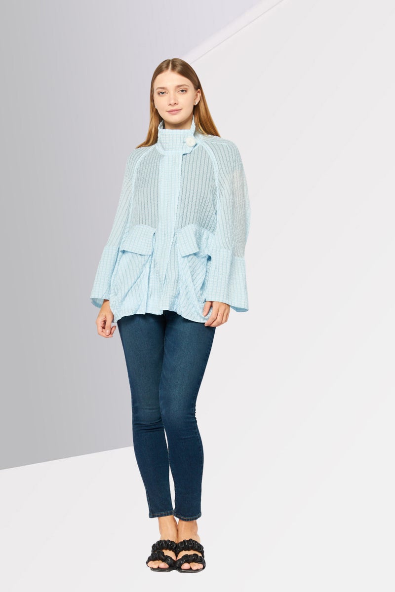 EMPORIO ARMANI Women Spread Collar Long Sleeves Textured Blouse, Light Blue  - Image 2