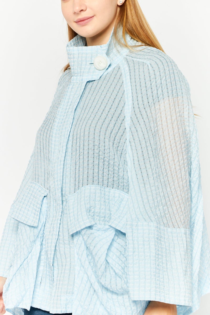 EMPORIO ARMANI Women Spread Collar Long Sleeves Textured Blouse, Light Blue  - Image 3