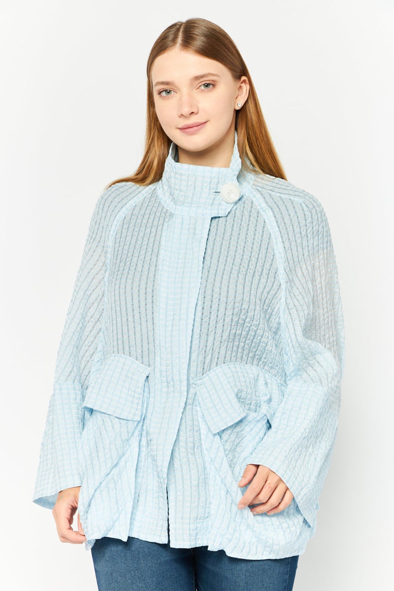 EMPORIO ARMANI Women Spread Collar Long Sleeves Textured Blouse, Light Blue  - Image 1