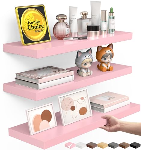 BAYKA Pink Floating Shelves for Wall Set of 3, 15.7in Wood Wall Shelves for Bathroom, Bedroom, Living Room Decor Organize, Hanging Shelf for Books/Storage/Display with 22lbs Capacity - Image 1
