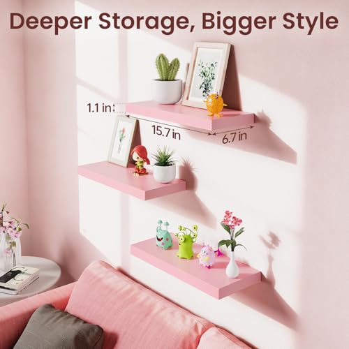 BAYKA Pink Floating Shelves for Wall Set of 3, 15.7in Wood Wall Shelves for Bathroom, Bedroom, Living Room Decor Organize, Hanging Shelf for Books/Storage/Display with 22lbs Capacity - Image 5