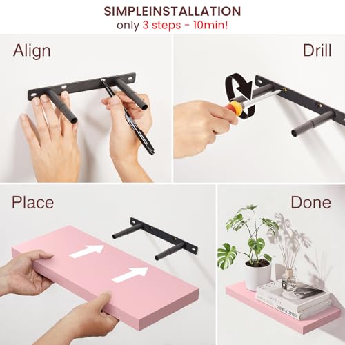 BAYKA Pink Floating Shelves for Wall Set of 3, 15.7in Wood Wall Shelves for Bathroom, Bedroom, Living Room Decor Organize, Hanging Shelf for Books/Storage/Display with 22lbs Capacity - Image 4