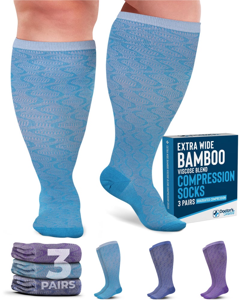 Doctor's Select 3 Pairs Plus Size Compression Socks Wide Calf | Bamboo Viscose Knee High Socks for Circulation Support | Compression Socks | Purple, Indigo, Teal - Image 1