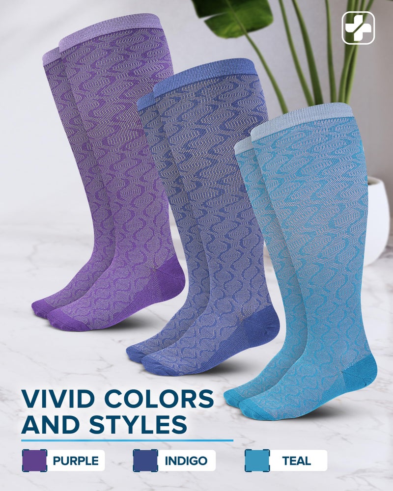 Doctor's Select 3 Pairs Plus Size Compression Socks Wide Calf | Bamboo Viscose Knee High Socks for Circulation Support | Compression Socks | Purple, Indigo, Teal - Image 4