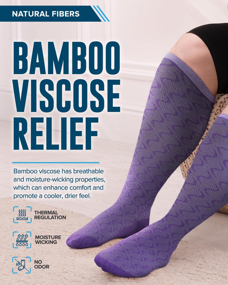 Doctor's Select 3 Pairs Plus Size Compression Socks Wide Calf | Bamboo Viscose Knee High Socks for Circulation Support | Compression Socks | Purple, Indigo, Teal - Image 2