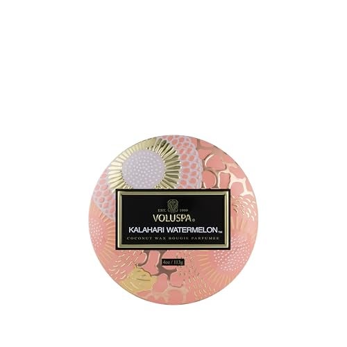 Voluspa Kalahari Watermelon Mini Tin Candle 4 oz 25 Hour Burn Time Coconut Wax Candle for The Home Handcrafted in The USA
