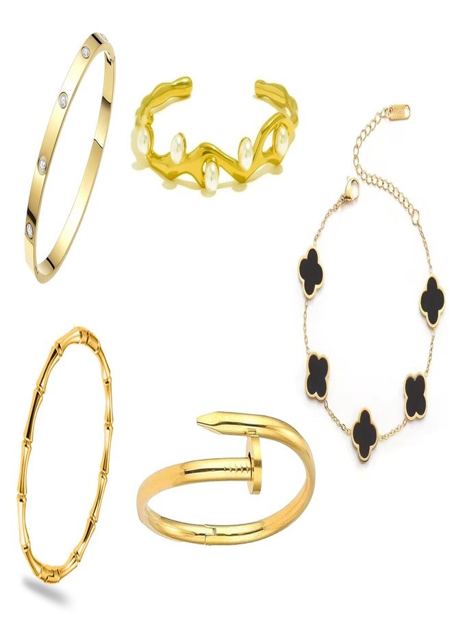 Okos Fashion Jewellery Gold Plated Combo of 5 Different Style Nail, Clover, Cuff and Bamboo Stylish Kada and Bracelets For Girls and Women CO1000484GLD - Image 1