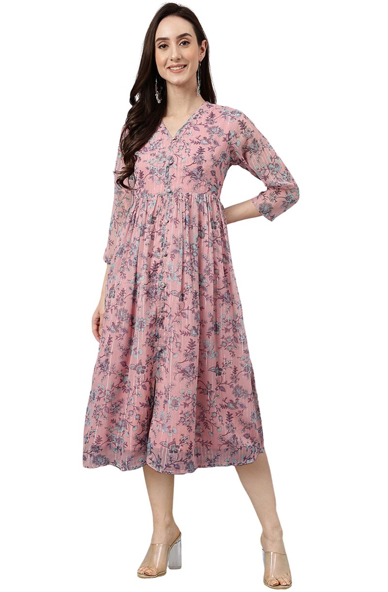 Janasya Women's Pink Chiffon Lurex Floral Printed Flared Dress(JNE4119-DR-XL) - Image 1