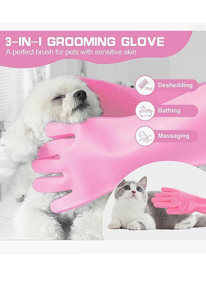 زوجان من قفازات السيليكون السحرية مع فرشاة تنظيف، قفازات تنظيف سيليكون، قفازات سيليكون لغسل الأطباق في المطبخ والعناية بالحيوانات الأليفة، رائعة لغسل الأطباق وغسيل السيارات والحمام (وردي وأزرق) - Image 3