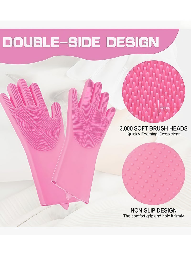 زوجان من قفازات السيليكون السحرية مع فرشاة تنظيف، قفازات تنظيف سيليكون، قفازات سيليكون لغسل الأطباق في المطبخ والعناية بالحيوانات الأليفة، رائعة لغسل الأطباق وغسيل السيارات والحمام (وردي وأزرق) - Image 4