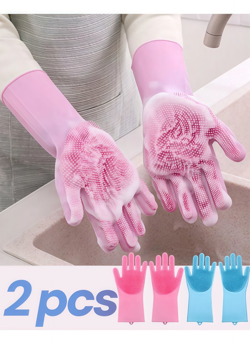 2 Pairs of Magic Silicone Gloves with Scrubber Brush, Silicone Cleaning Gloves, Silicone Gloves for Kitchen Dishwashing and Pet Grooming, Great for Dishwashing, Car Washing, Bathroom (Pink and Blue) - Image 1