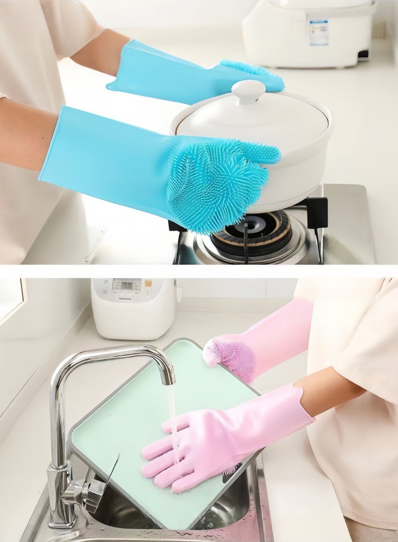 2 Pairs of Magic Silicone Gloves with Scrubber Brush, Silicone Cleaning Gloves, Silicone Gloves for Kitchen Dishwashing and Pet Grooming, Great for Dishwashing, Car Washing, Bathroom (Pink and Blue) - Image 2