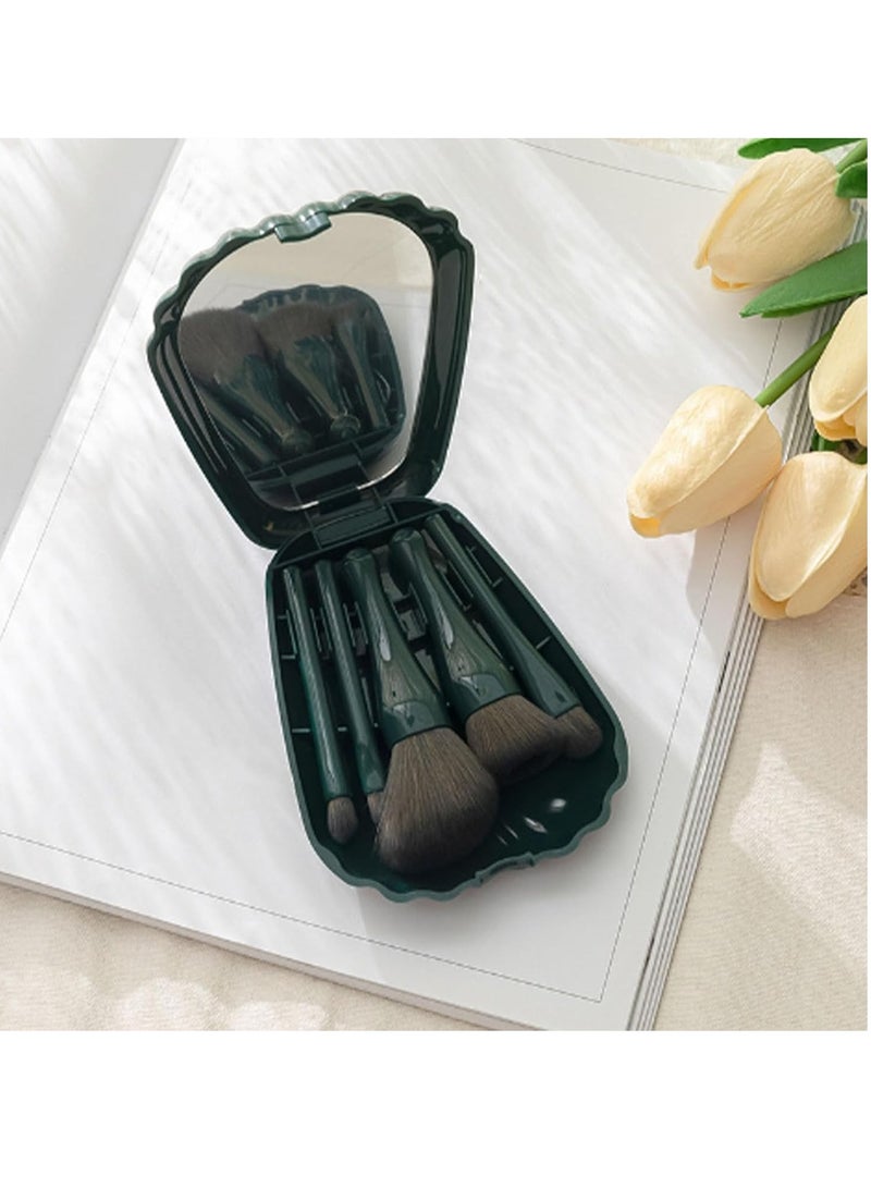 مجموعة فرش مكياج محمولة للسفر، 5 قطع من فرش التجميل الصغيرة كاملة الوظائف مع مجموعة مرآة (أخضر غامق) - Image 2