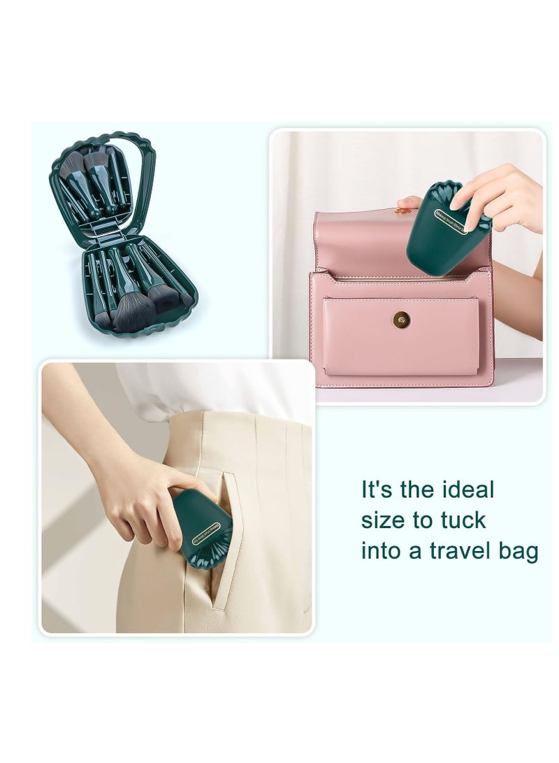 مجموعة فرش مكياج محمولة للسفر، 5 قطع من فرش التجميل الصغيرة كاملة الوظائف مع مجموعة مرآة (أخضر غامق) - Image 3